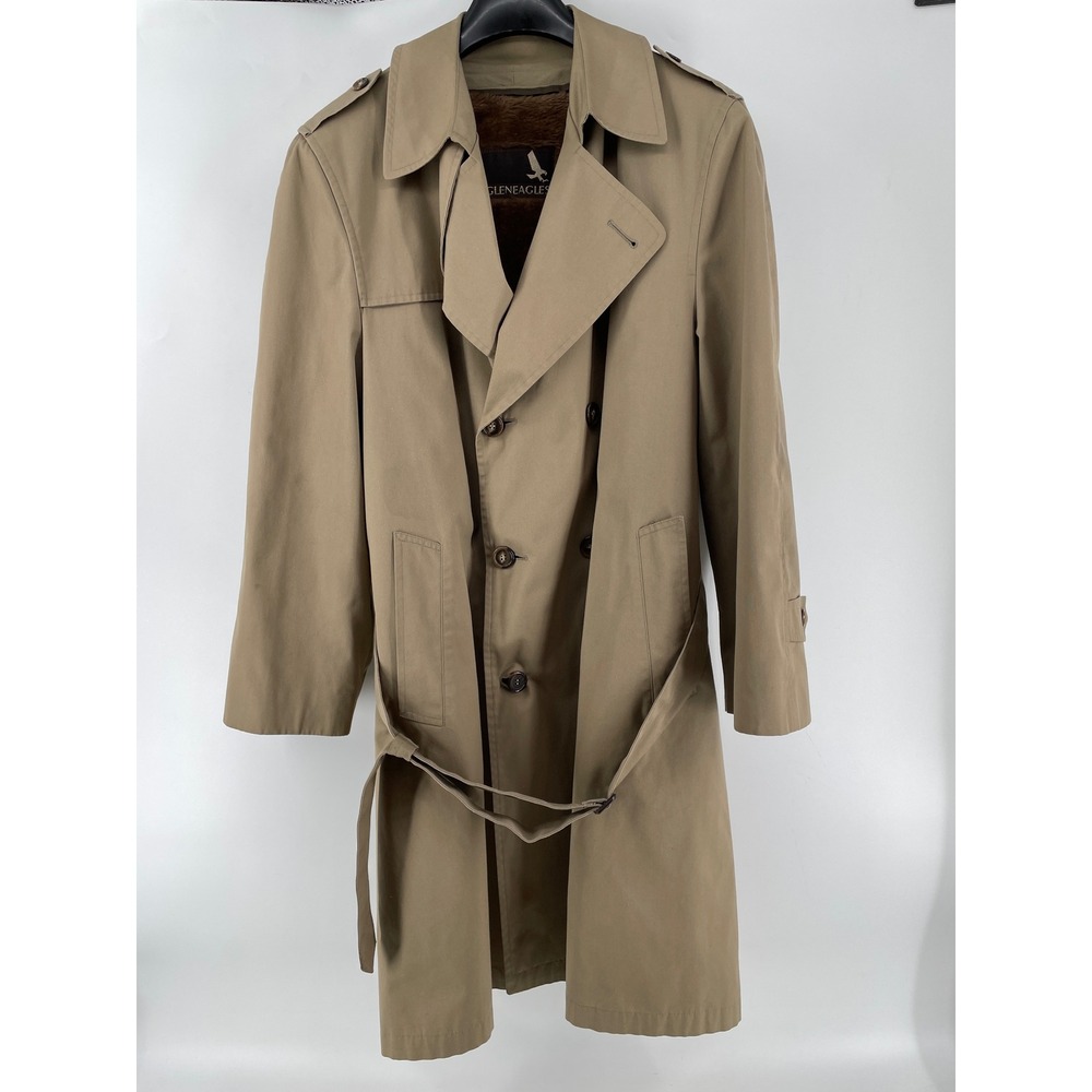 Vintage Gleneagles Trench Coat Men 44R Tan Faux Fur Lined Belted Double Breasted